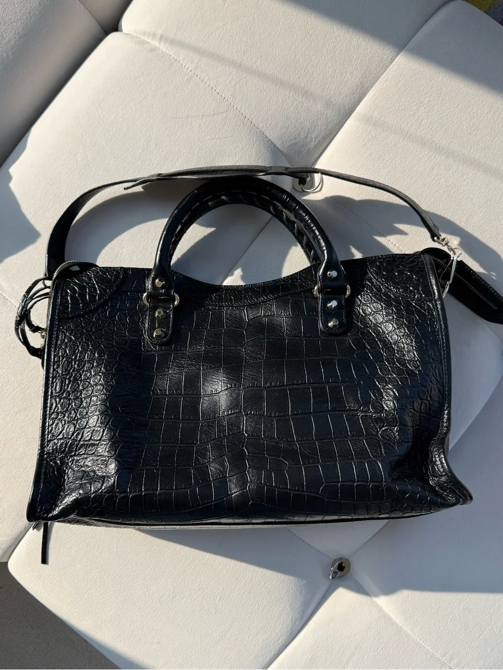 Balenciaga Black Croc-Embossed Lamb Leather City Bag